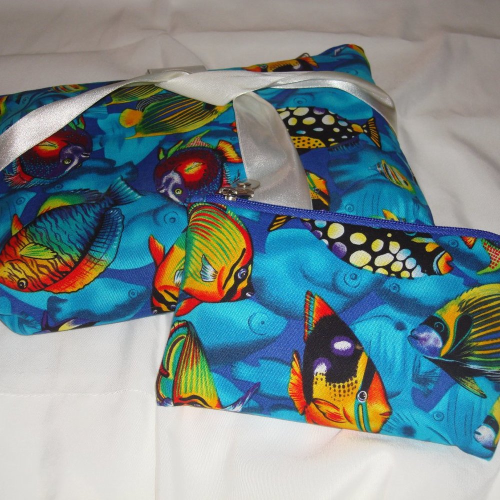 2pc Cosmetic Bag Set Makeup Travel Large & Small Zipper ~ BRIGHT FISH DESIGN